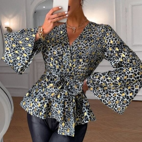 Leopard & Gold Dot Print Trumpet Sleeve Knotted Pe - Picture 3 of 6